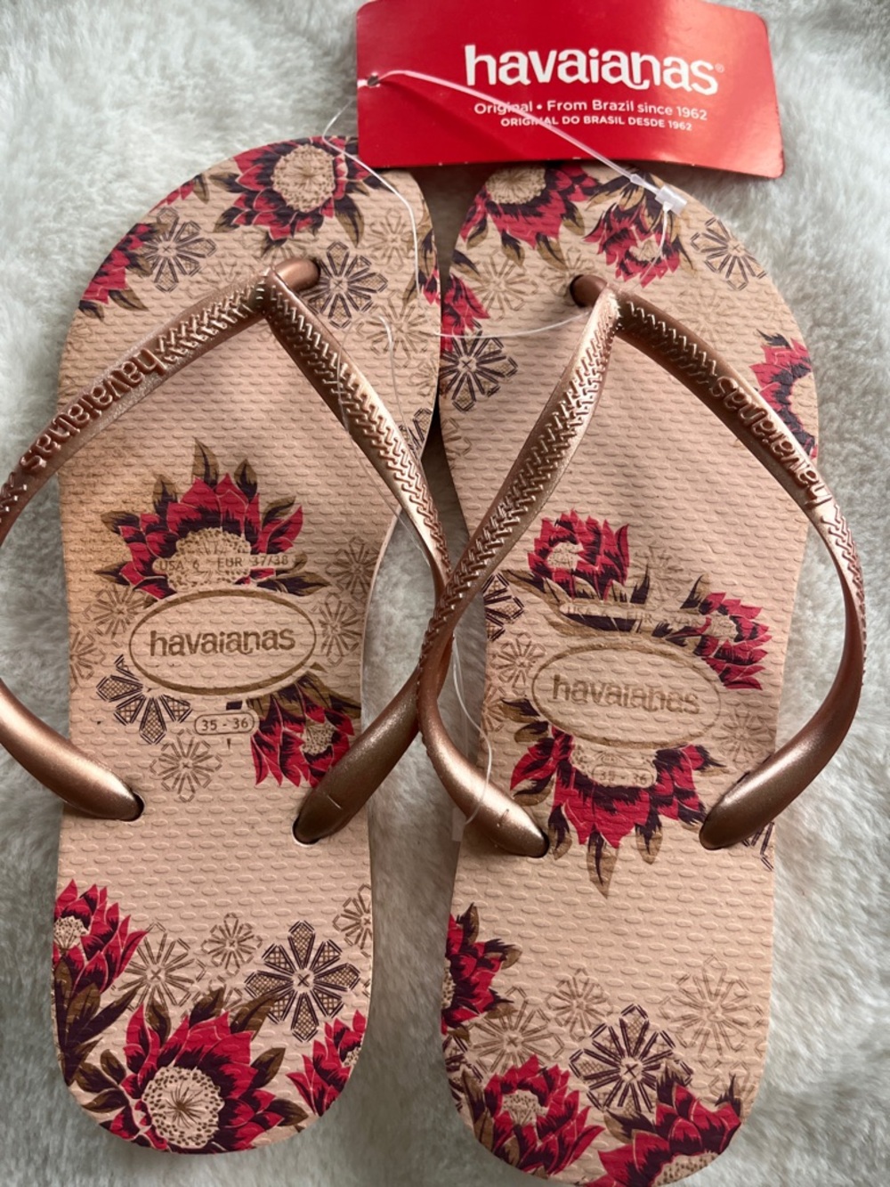 Havaianas Beige Flip Flops with Red Floral Print and Bronze Straps